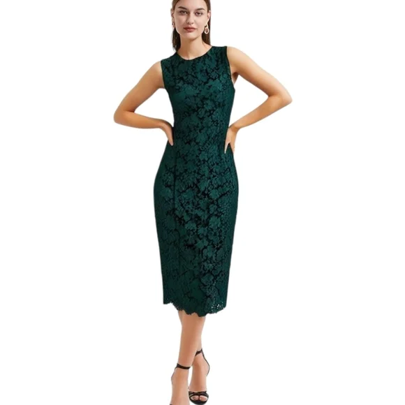 New Dolce and Gabbana Sleeveless Mid-Length Green Lace Sheath